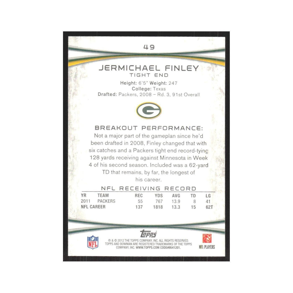 2012 Bowman Jermichael Finley Packers #49