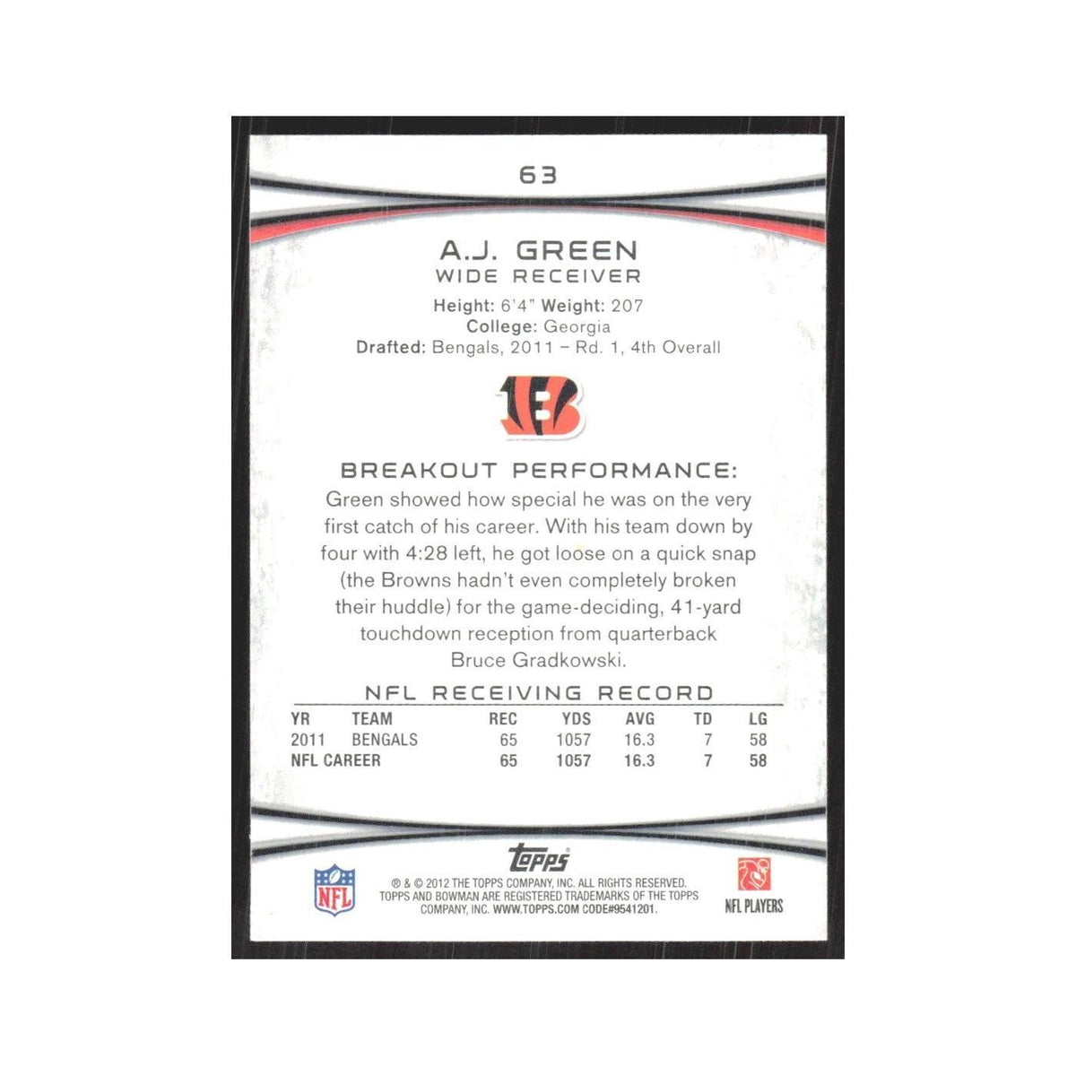 2012 Bowman A.J. Green Bengals #63