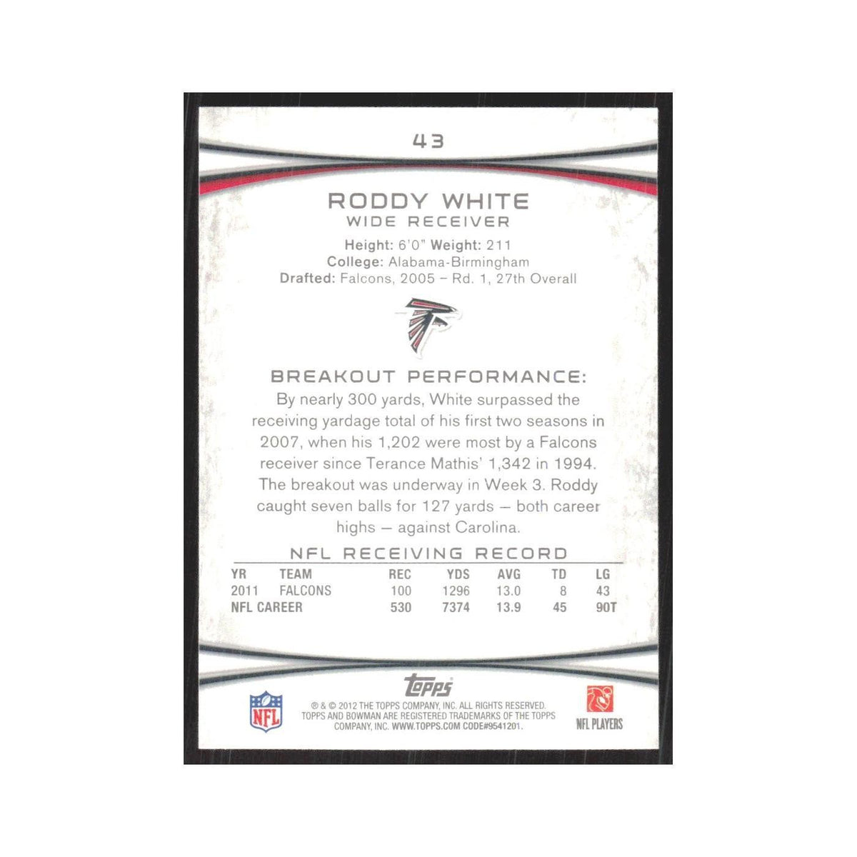2012 Bowman Roddy White Falcons #43