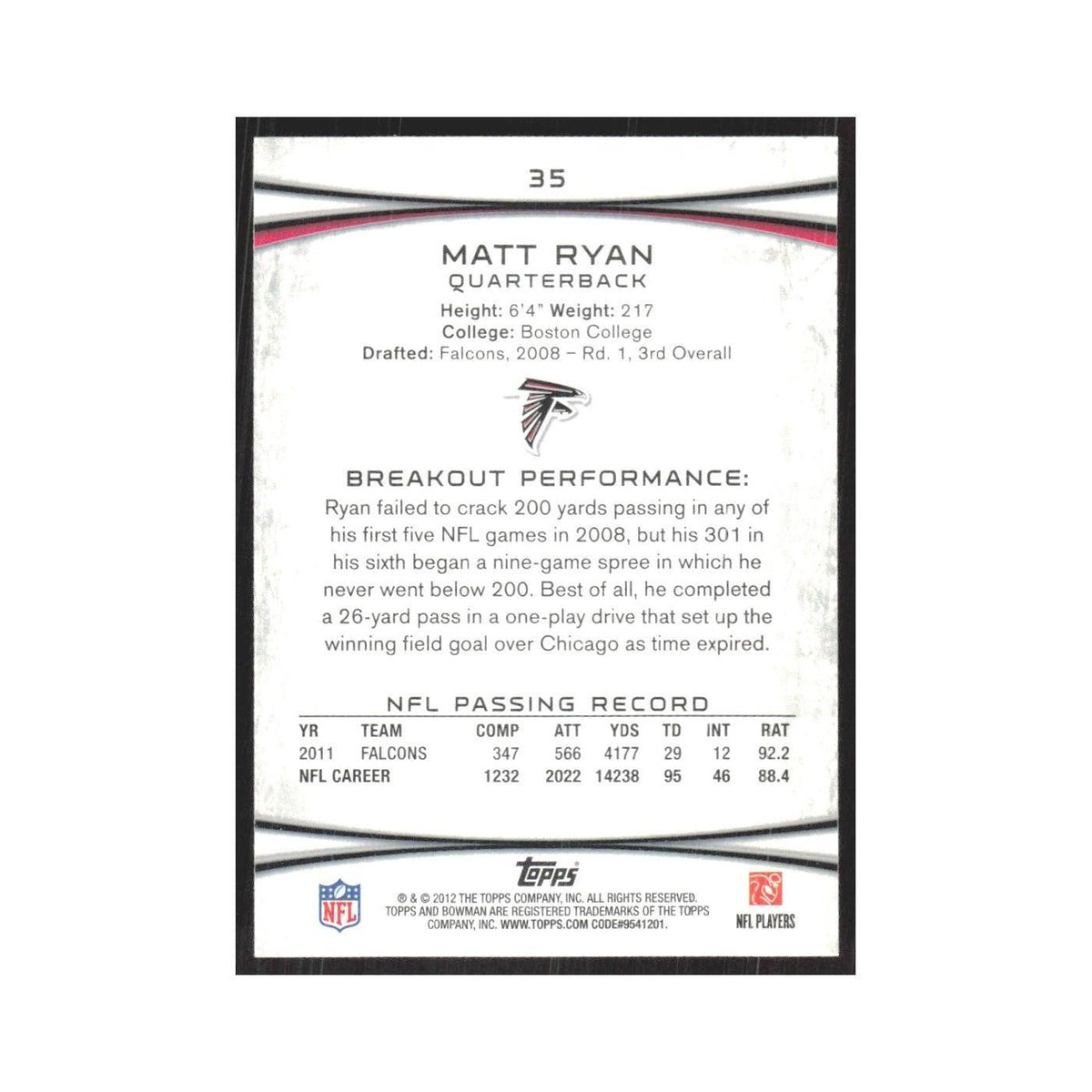 2012 Bowman Matt Ryan Falcons #35