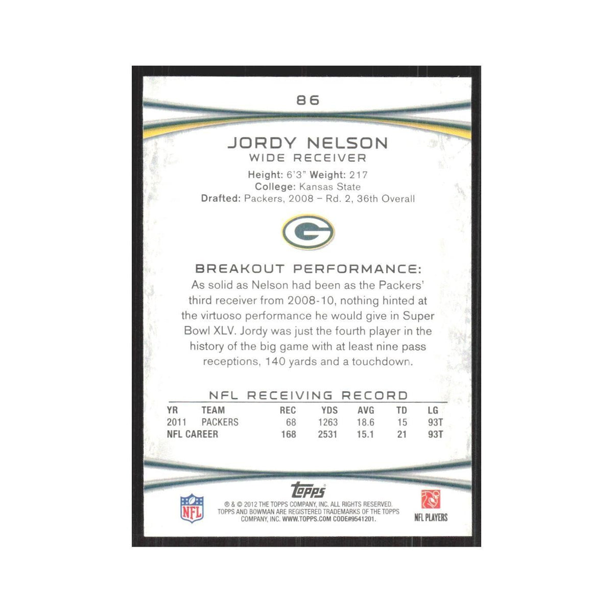 2012 Bowman Jordy Nelson Packers #86