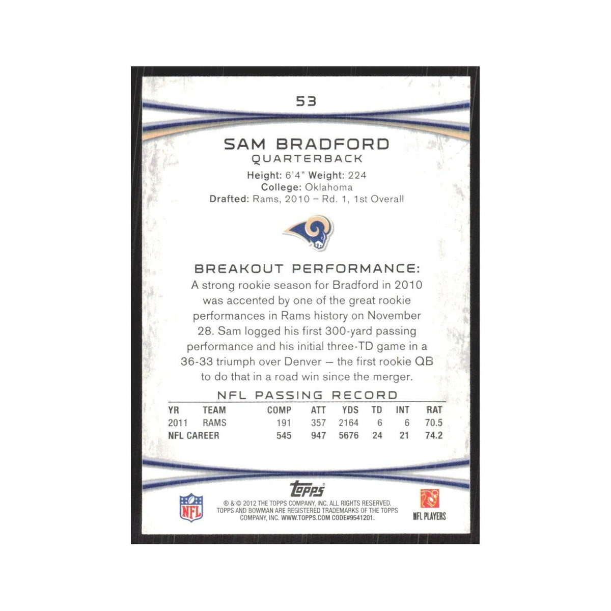 2012 Bowman Sam Bradford St. Louis Rams #53