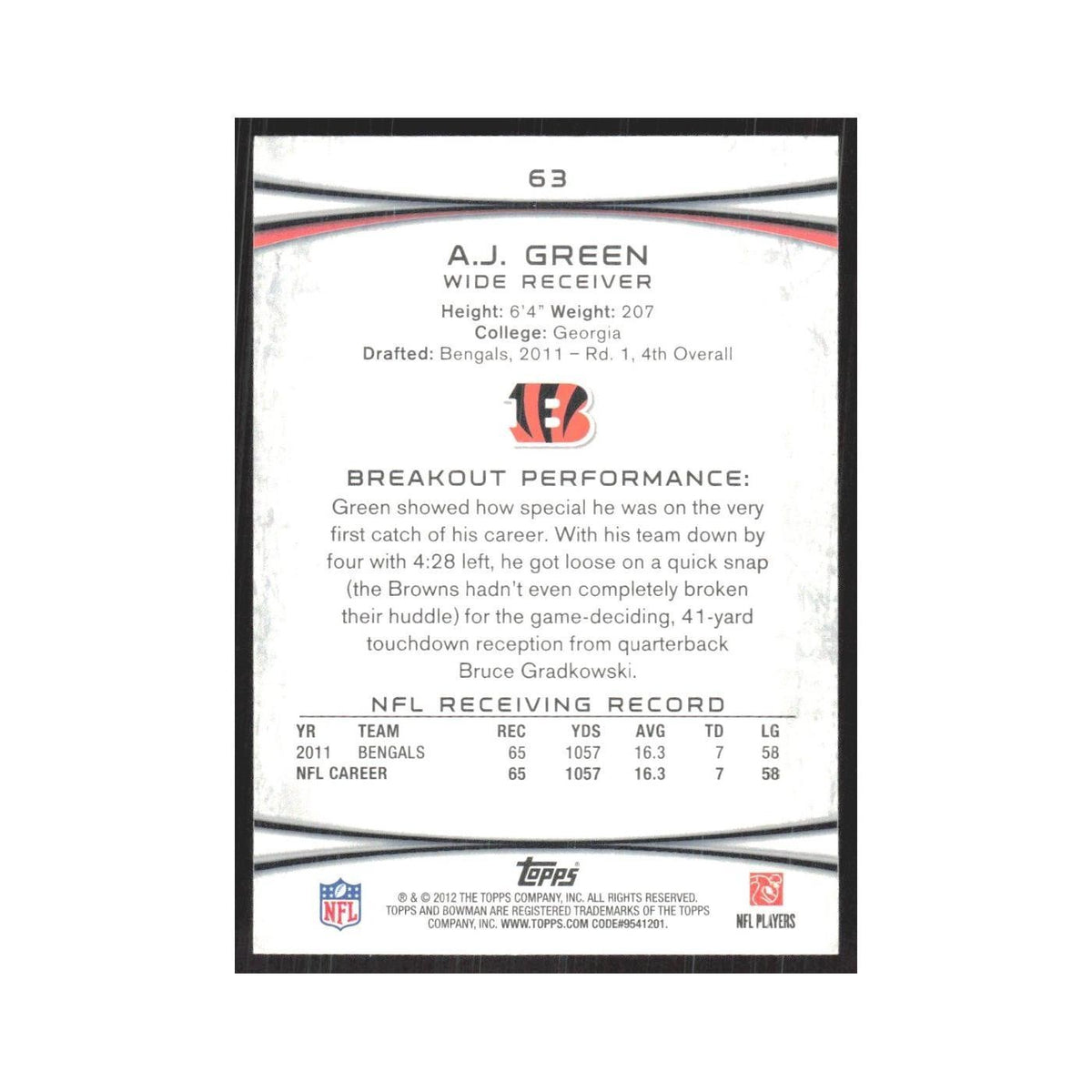 2012 Bowman A.J. Green Bengals #63
