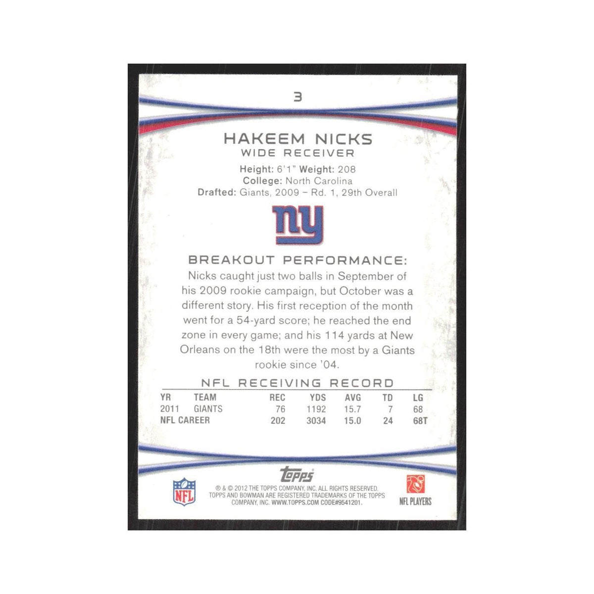 2012 Bowman Hakeem Nicks Giants #3