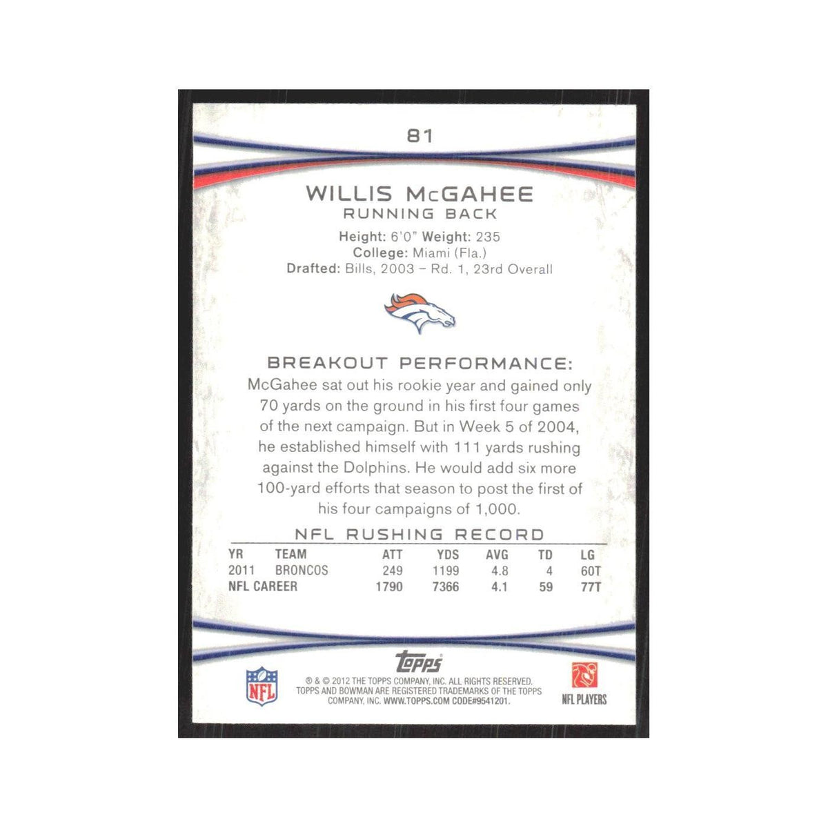 2012 Bowman Willis McGahee Broncos #81