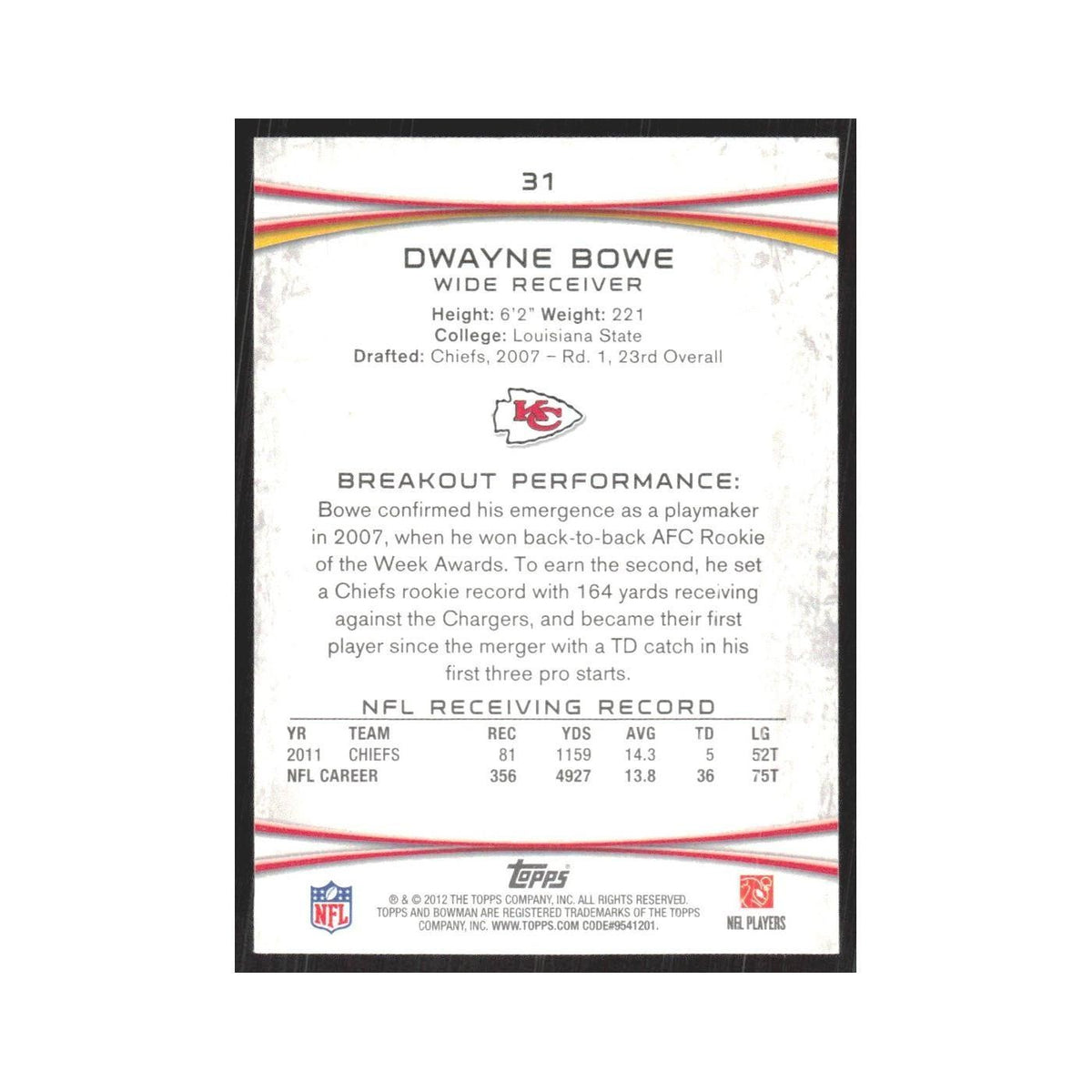 2012 Bowman Dwayne Bowe Chiefs #31