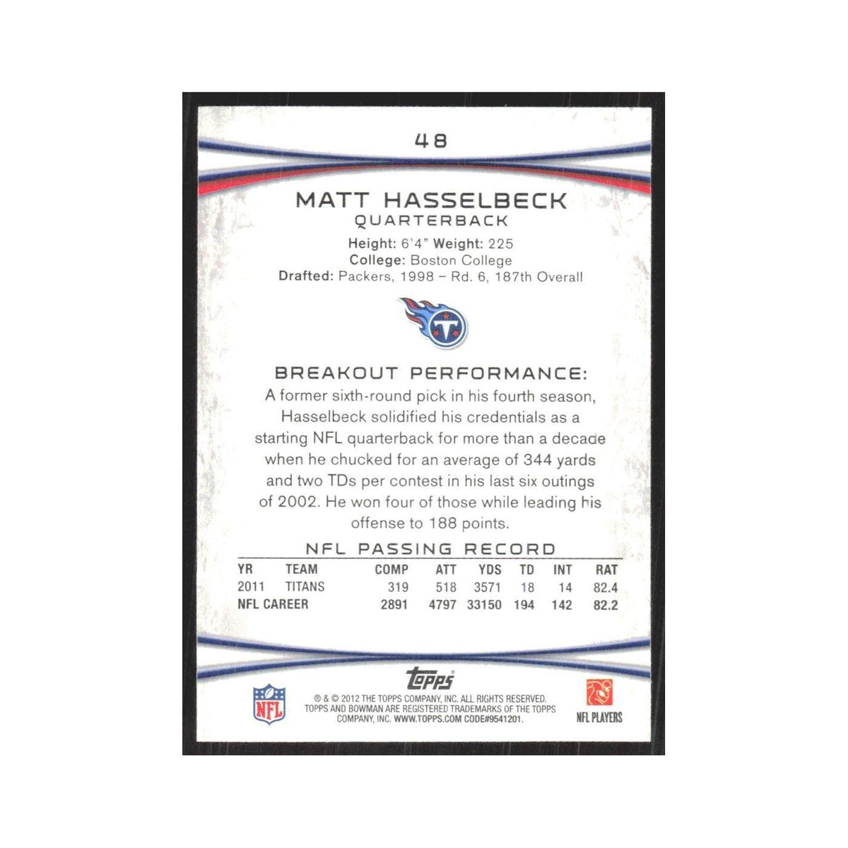 2012 Bowman Matt Hasselbeck Titans #48