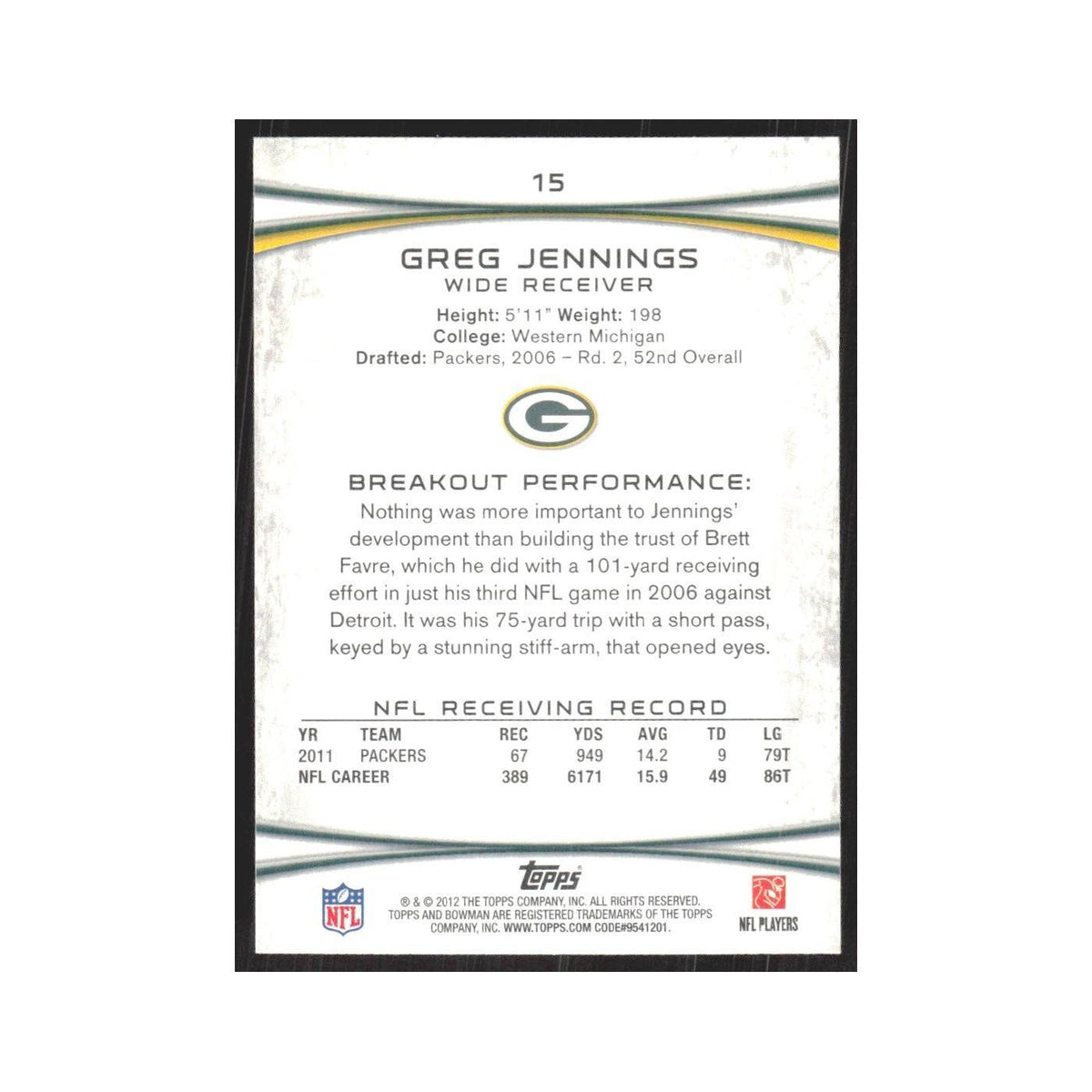 2012 Bowman Greg Jennings Packers #15