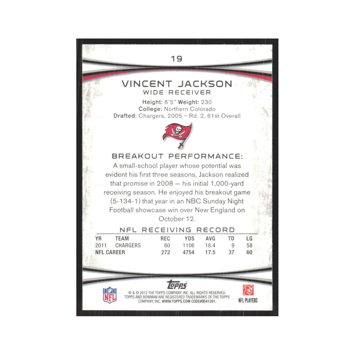2012 Bowman Vincent Jackson Buccaneers #19