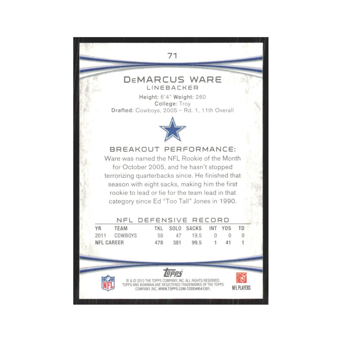 2012 Bowman DeMarcus Ware Cowboys #71