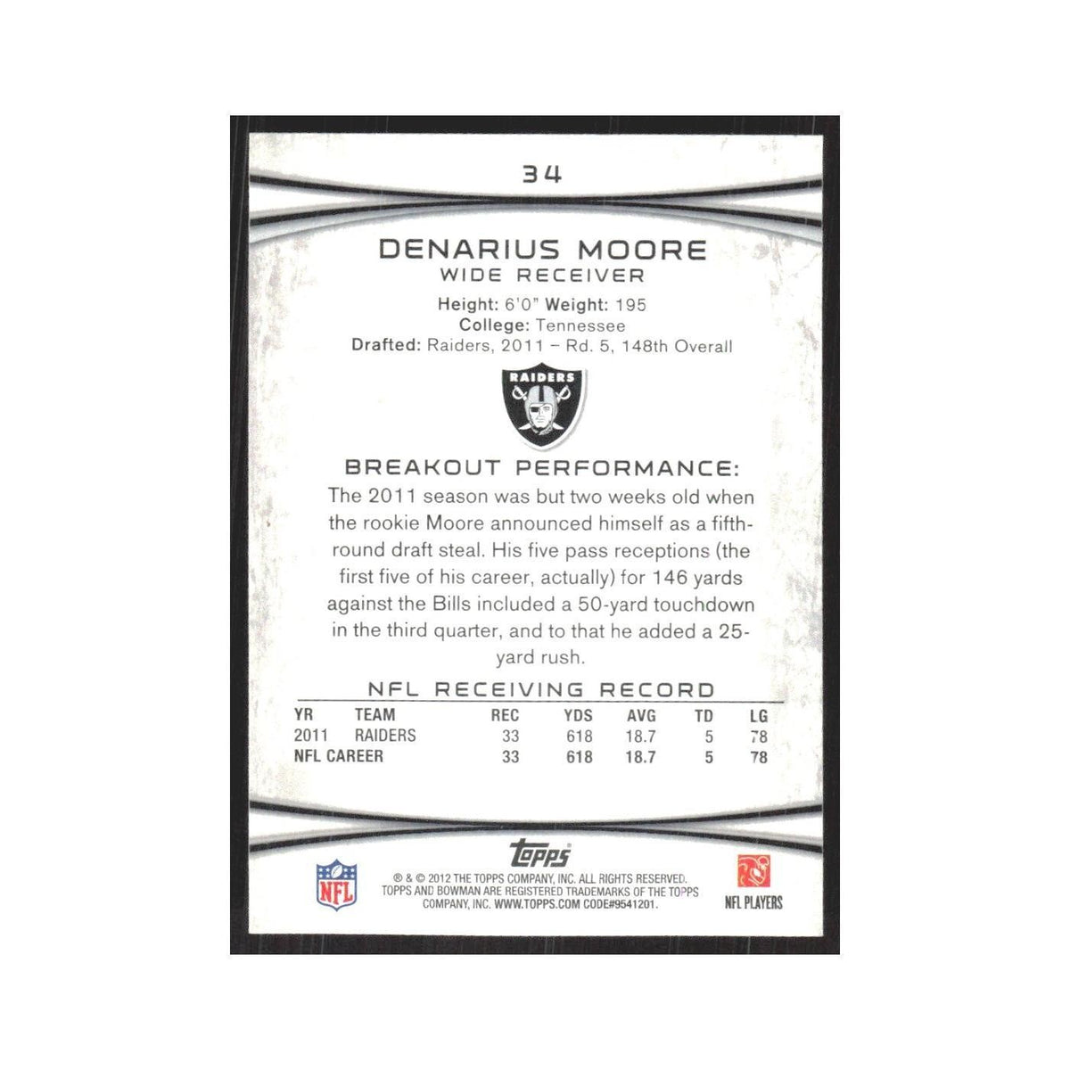 2012 Bowman Denarius Moore Raiders #34