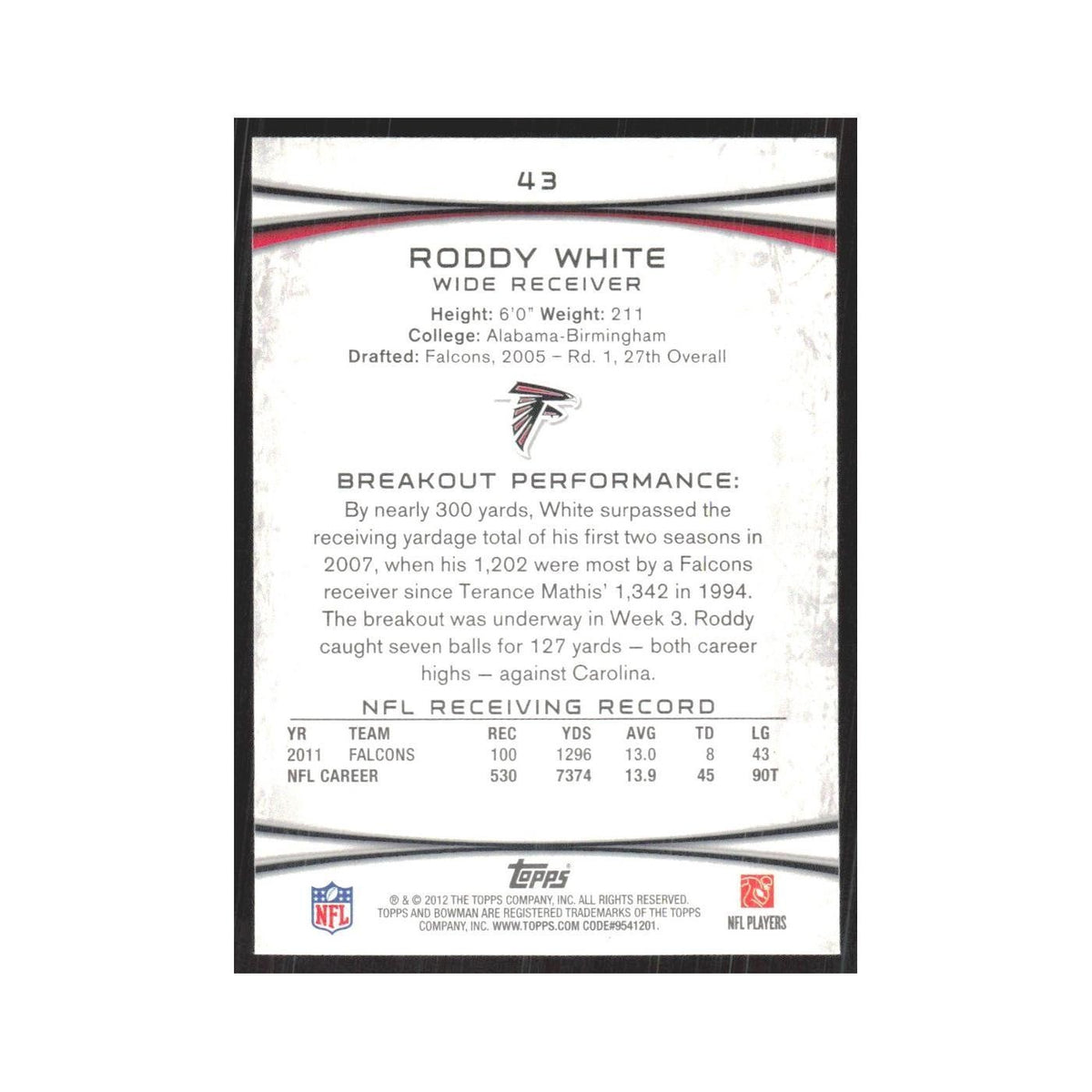 2012 Bowman Roddy White Falcons #43