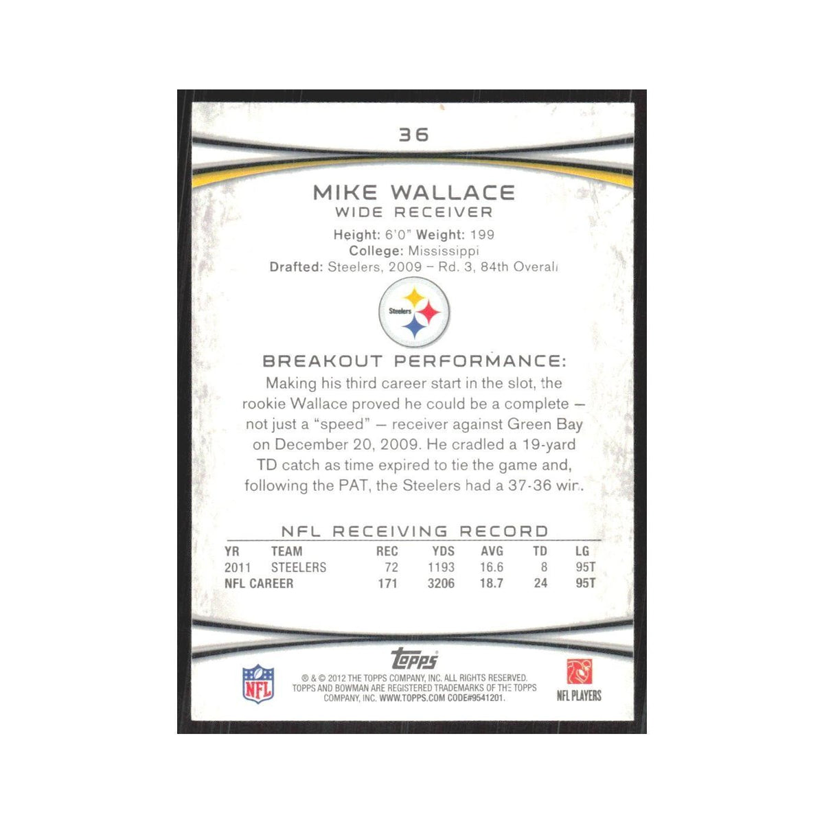 2012 Bowman Mike Wallace Steelers #36