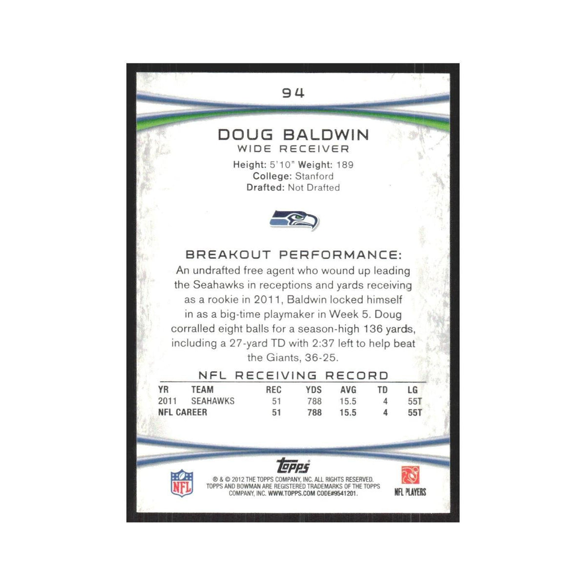 2012 Bowman Doug Baldwin Seahawks #94