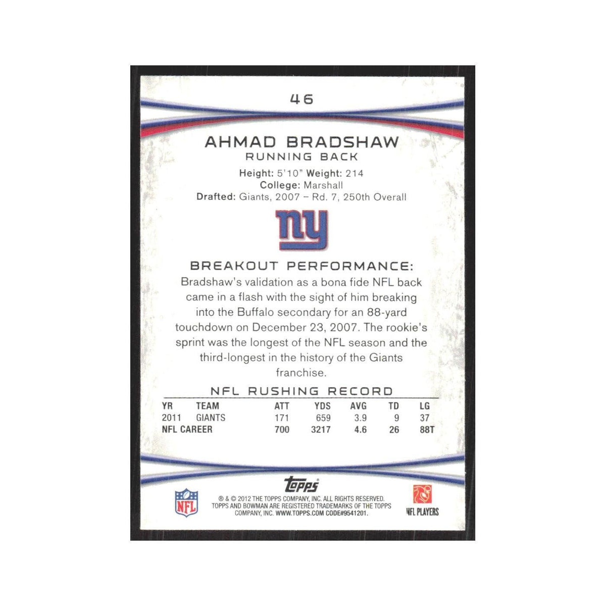 2012 Bowman Ahmad Bradshaw Giants #46