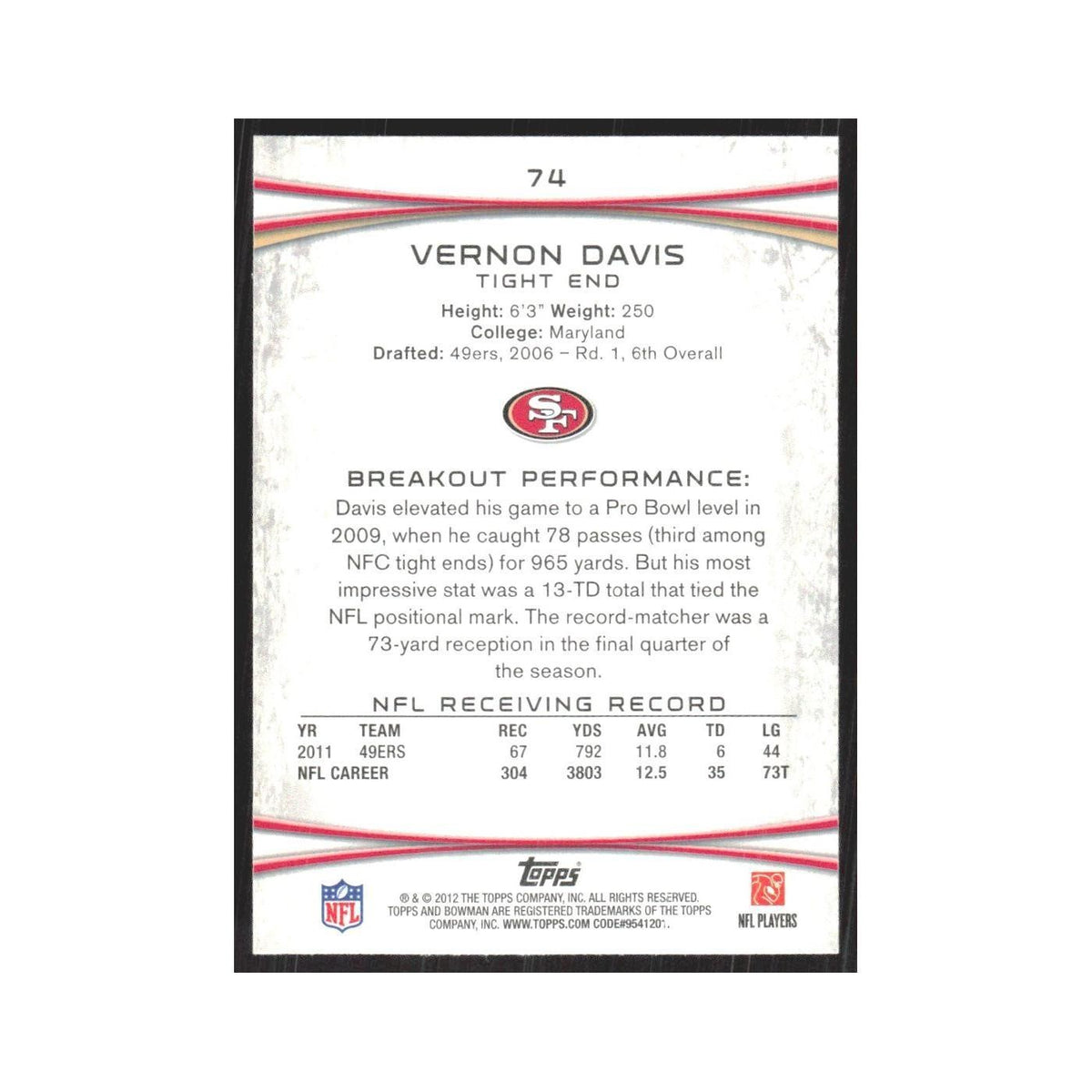 2012 Bowman Vernon Davis 49ers #74