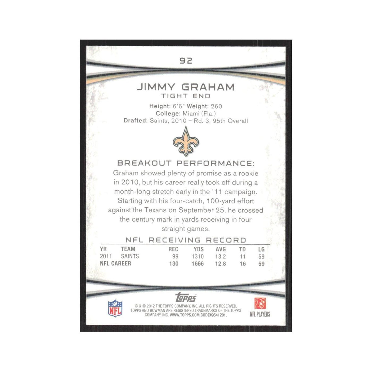 2012 Bowman Jimmy Graham Saints #92