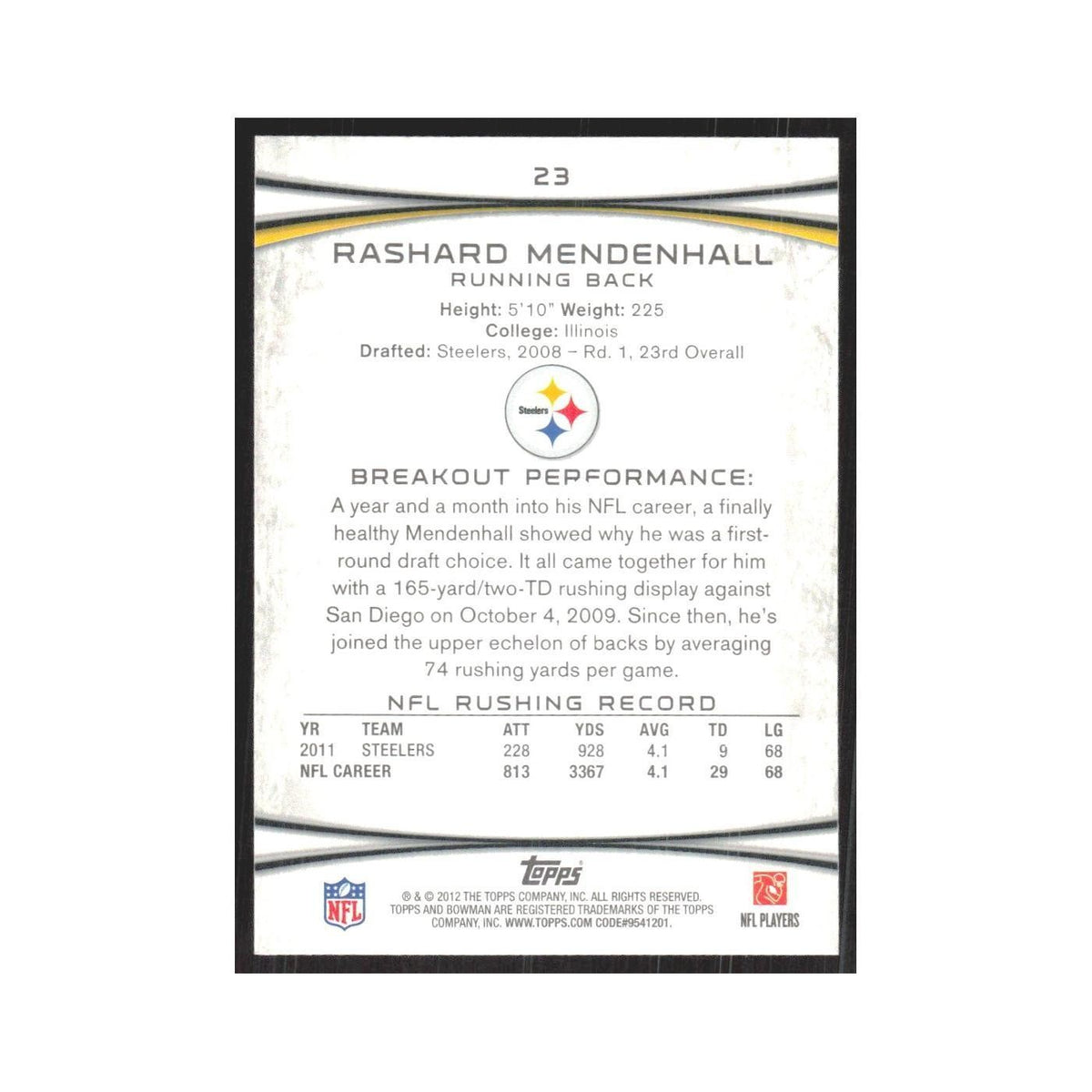 2012 Bowman Rashard Mendenhall Steelers #23