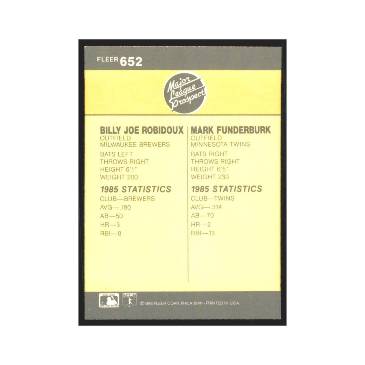 1986 Fleer Billy Joe Robidoux/Mark Funderburk #652
