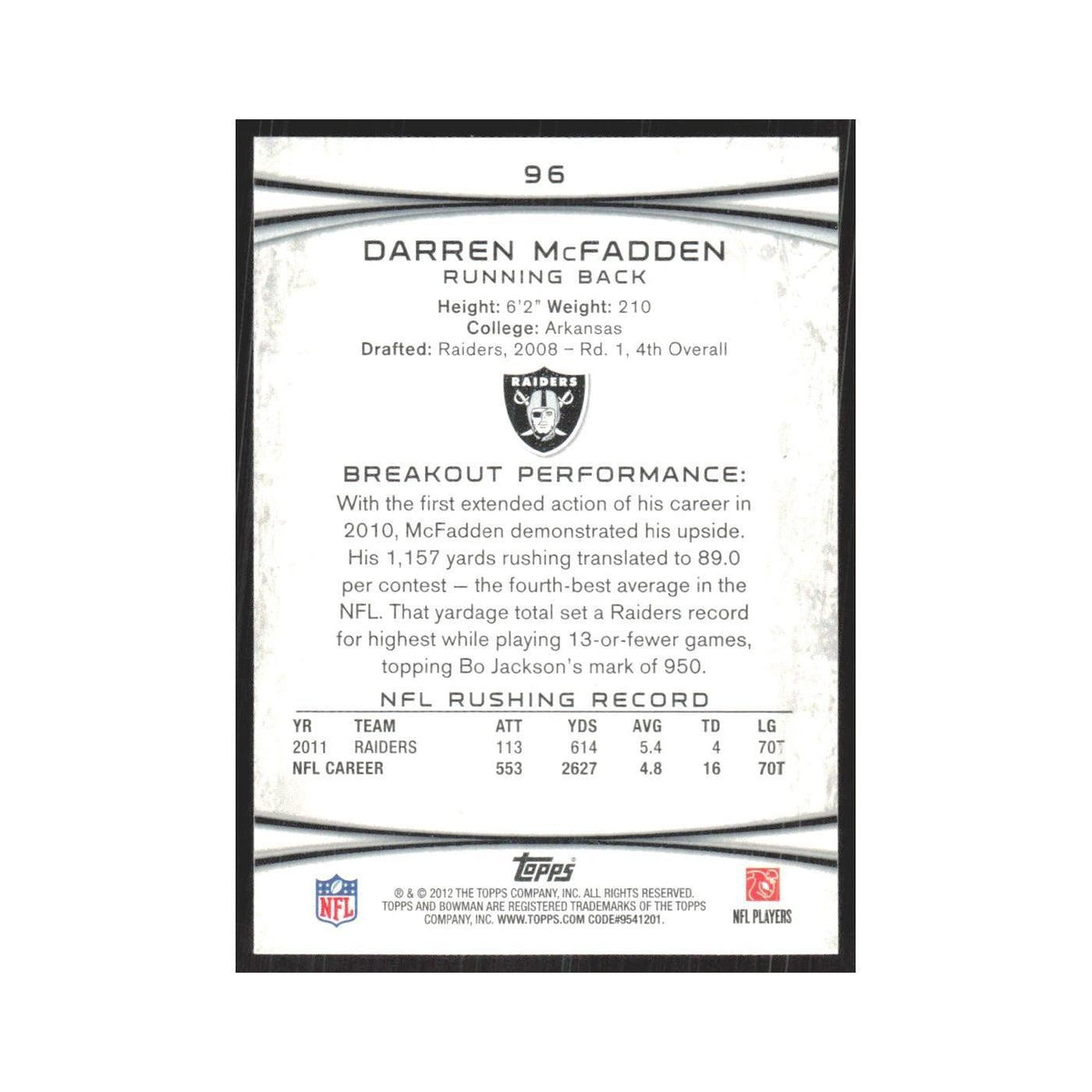 2012 Bowman Darren McFadden Raiders #96