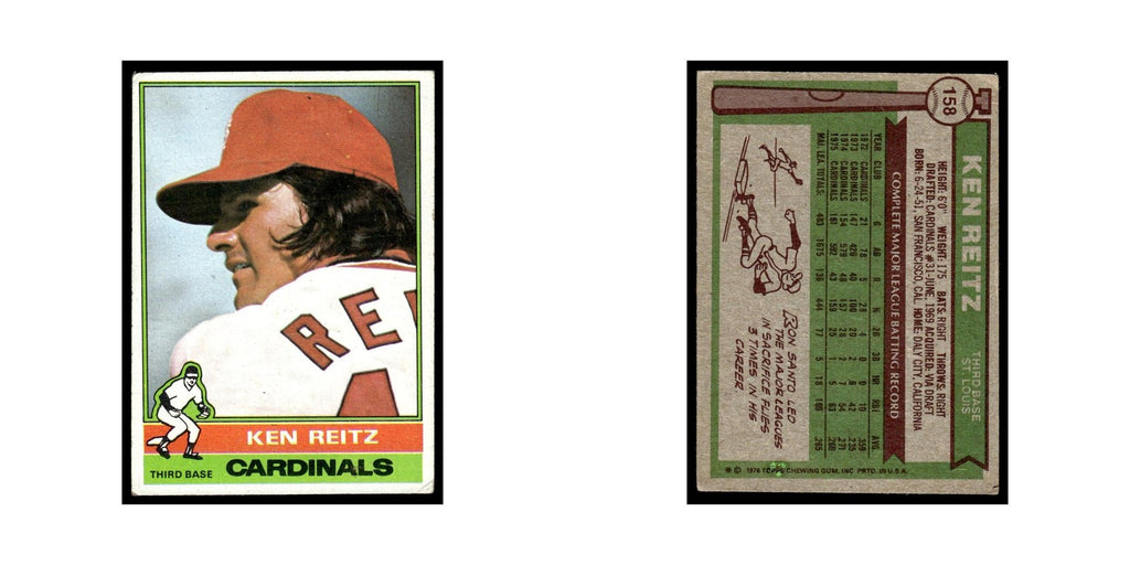 Ken Reitz 1976 Topps (damaged) #158 St. Louis Cardinals Baseball Card Poor