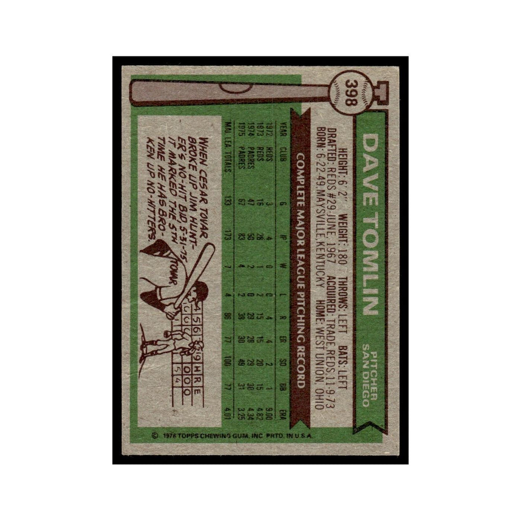 Dave Tomlin 1976 Topps (damaged) #398 San Diego Padres Baseball Card Poor