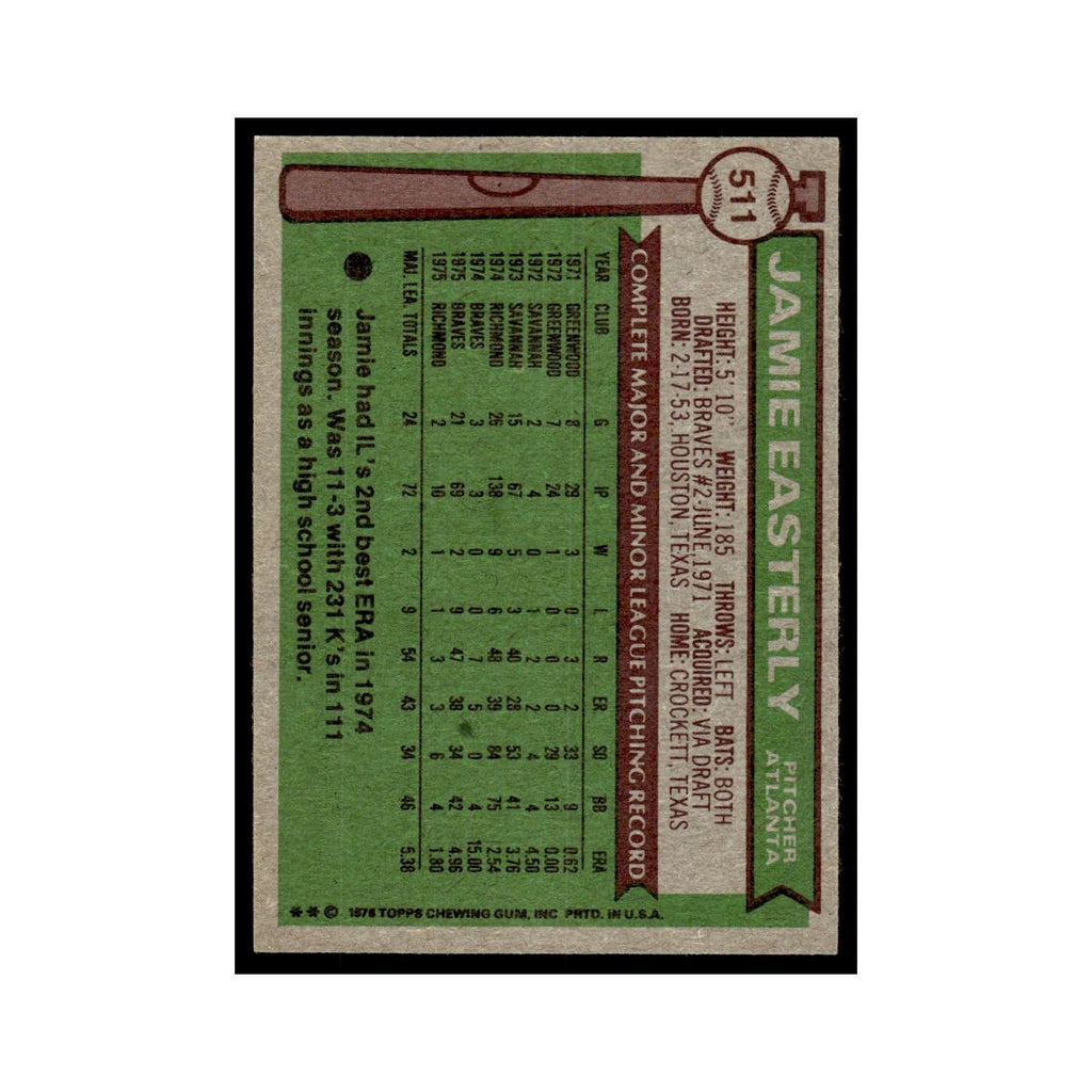 Jamie Easterly 1976 Topps (damaged) #511 Atlanta Braves Baseball Card Poor