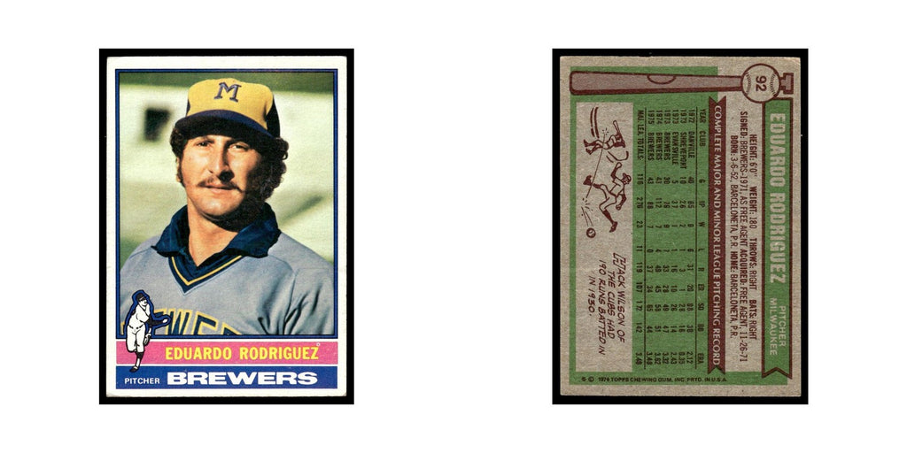 Eduardo Rodriguez 1976 Topps (damaged) #92 Milwaukee Brewers Baseball Card Poor