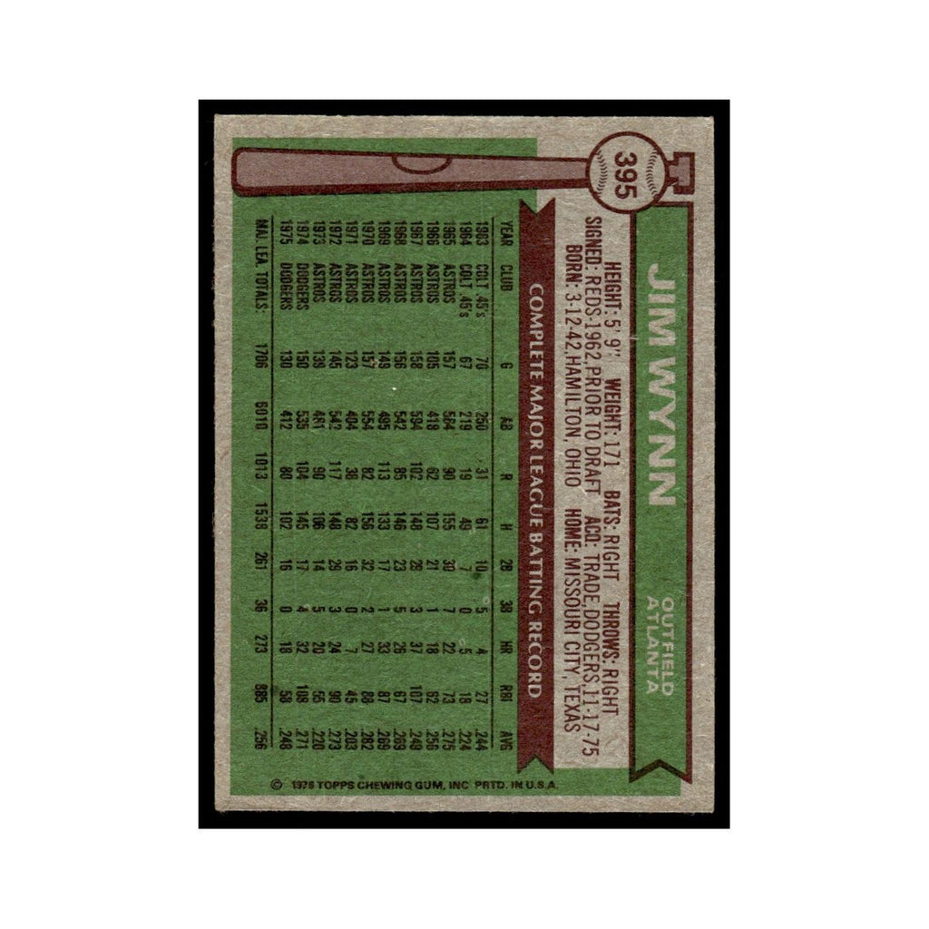 Jim Wynn 1976 Topps (damaged) #395 Atlanta Braves Baseball Card Poor