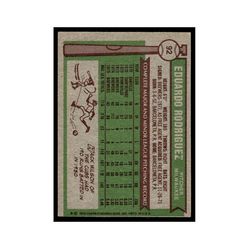 Eduardo Rodriguez 1976 Topps (damaged) #92 Milwaukee Brewers Baseball Card Poor