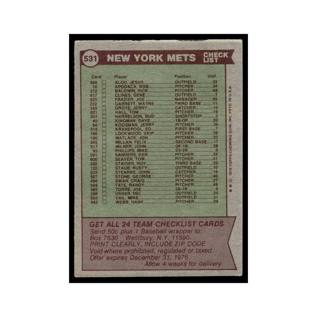 New York Mets - Joe Frazier 1976 Topps (damaged) #531 Baseball Card Poor