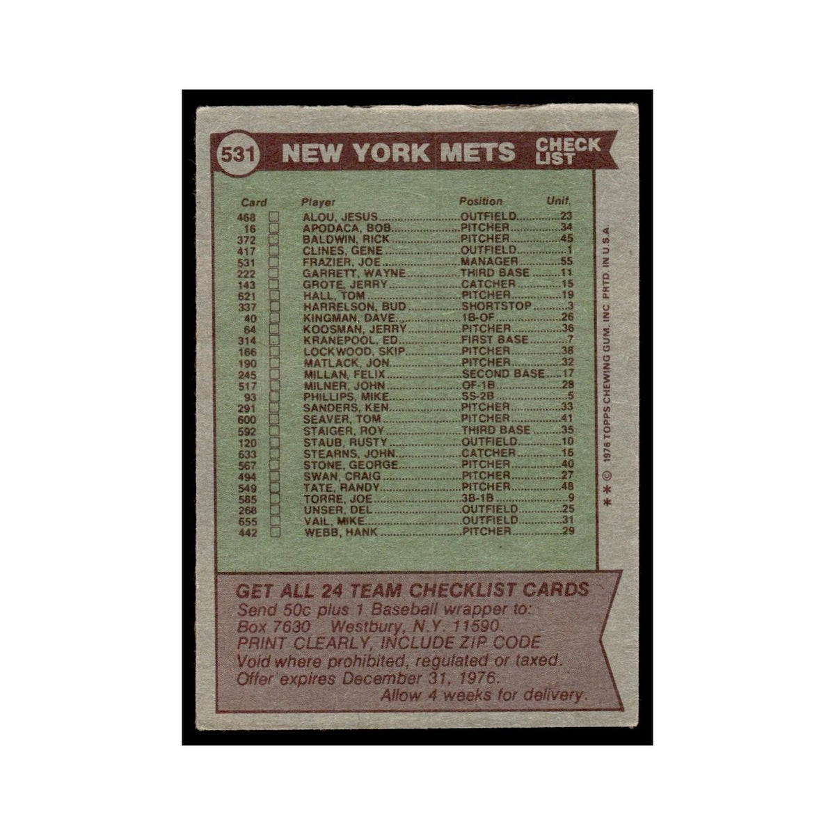 New York Mets - Joe Frazier 1976 Topps (damaged) #531 Baseball Card Poor