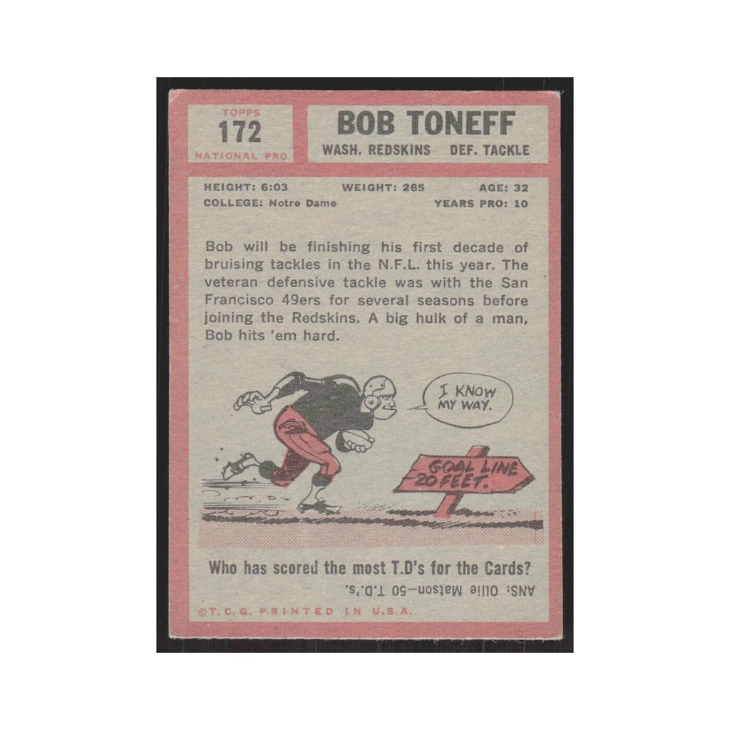 1962 Topps Bob Toneff Redskins #172