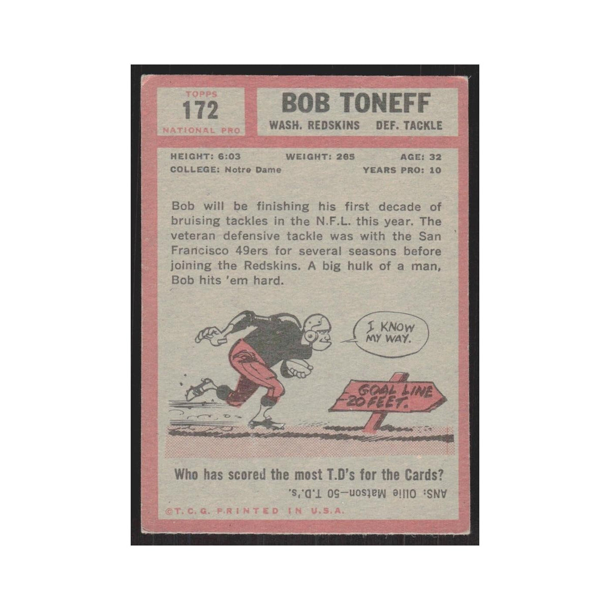 1962 Topps Bob Toneff Redskins #172