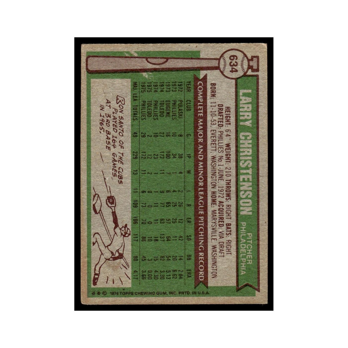 Larry Christenson 1976 Topps #634 Philadelphia Phillies Baseball Card EX