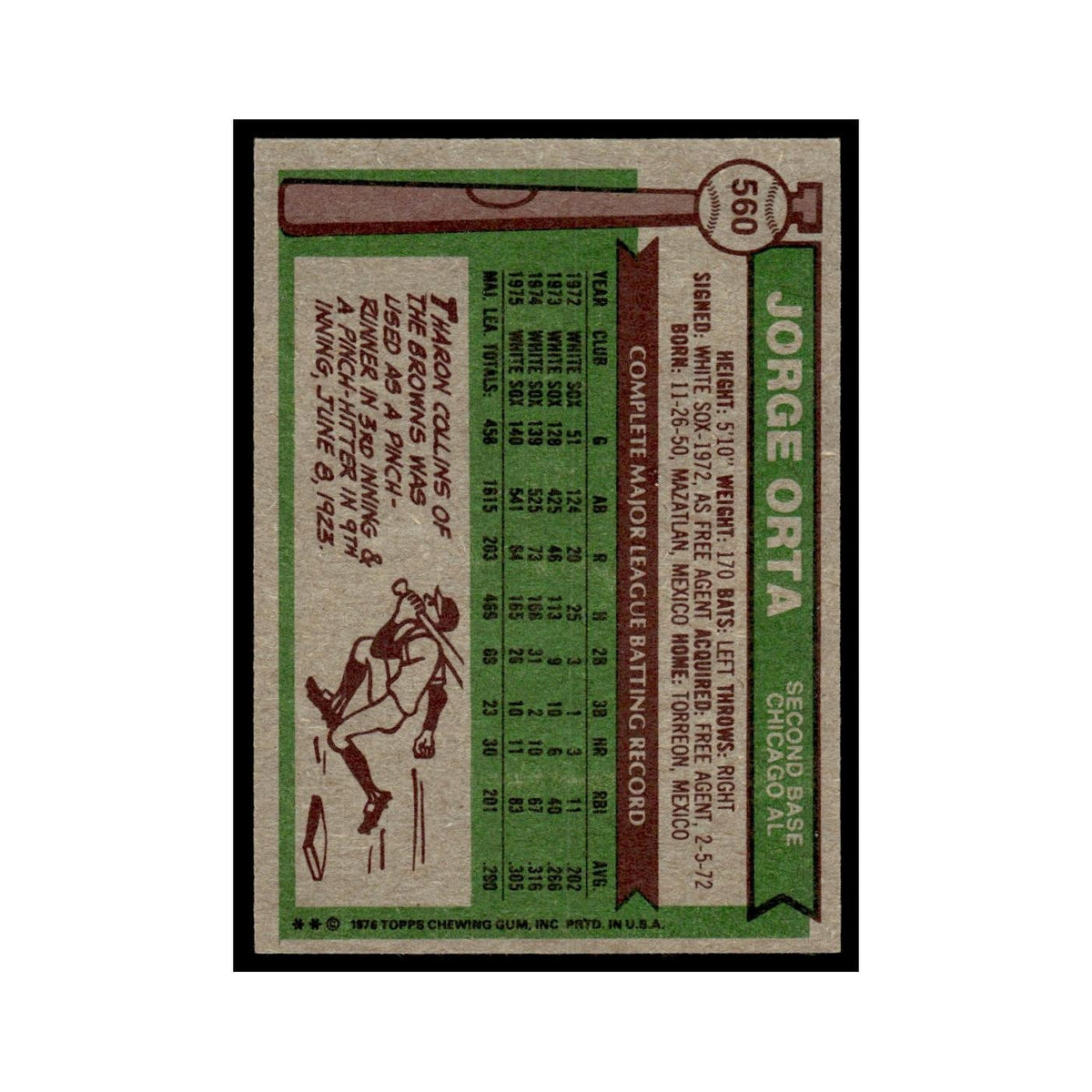 Jorge Orta 1976 Topps #560 Chicago White Sox Baseball Card EX