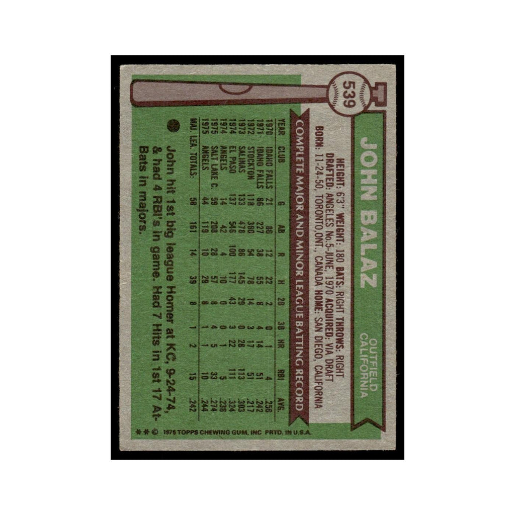 John Balaz 1976 Topps #539 California Angels Baseball Card EX