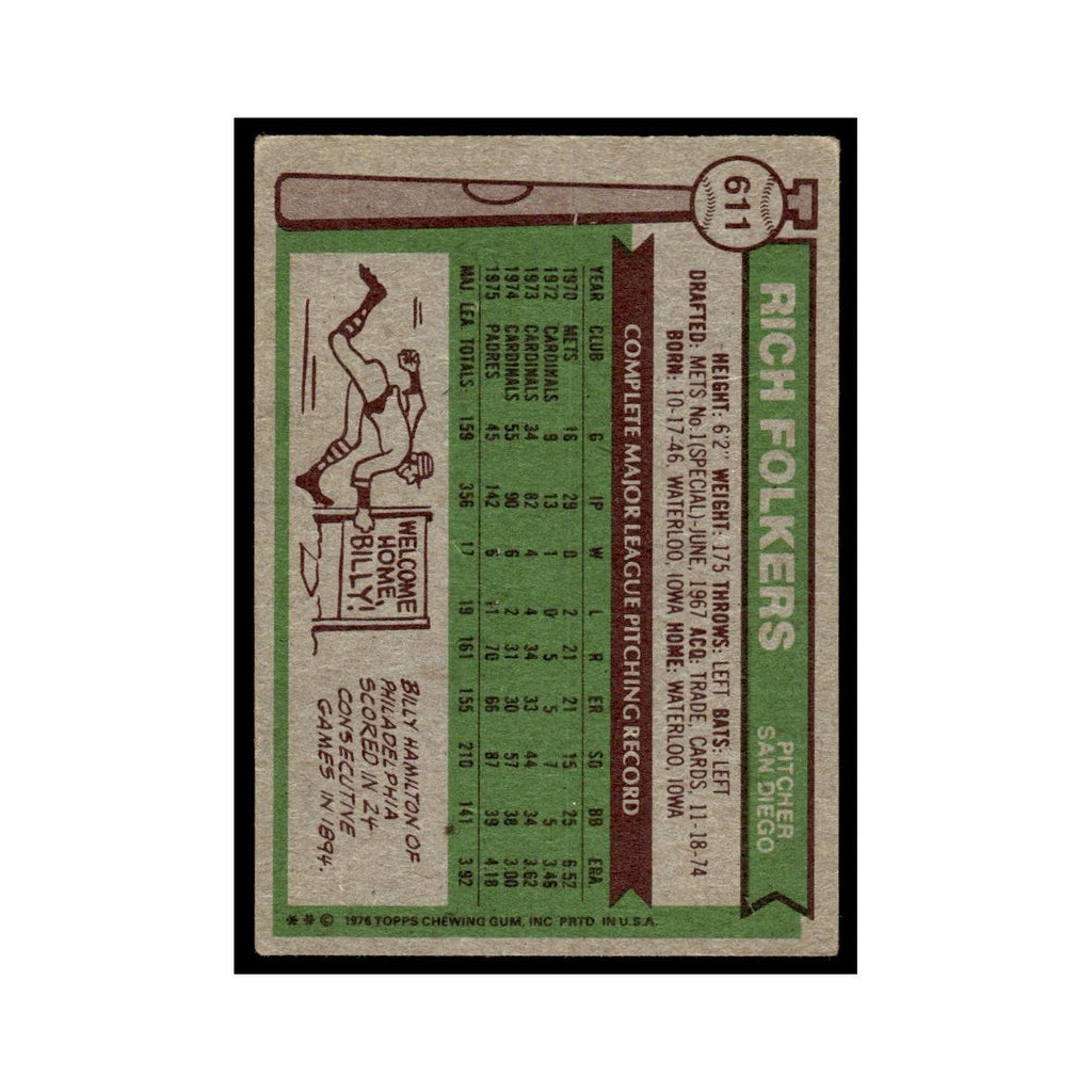 Rich Folkers 1976 Topps #611 San Diego Padres Baseball Card EX