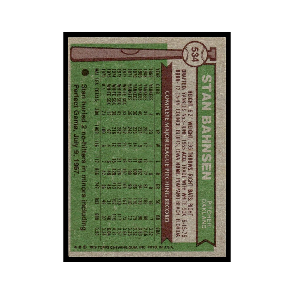 Stan Bahnsen 1976 Topps #534 Oakland Athletics Baseball Card EX