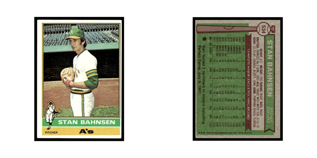 Stan Bahnsen 1976 Topps #534 Oakland Athletics Baseball Card EX