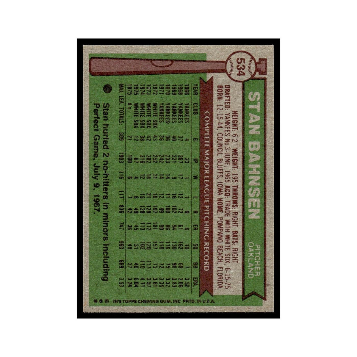 Stan Bahnsen 1976 Topps #534 Oakland Athletics Baseball Card EX