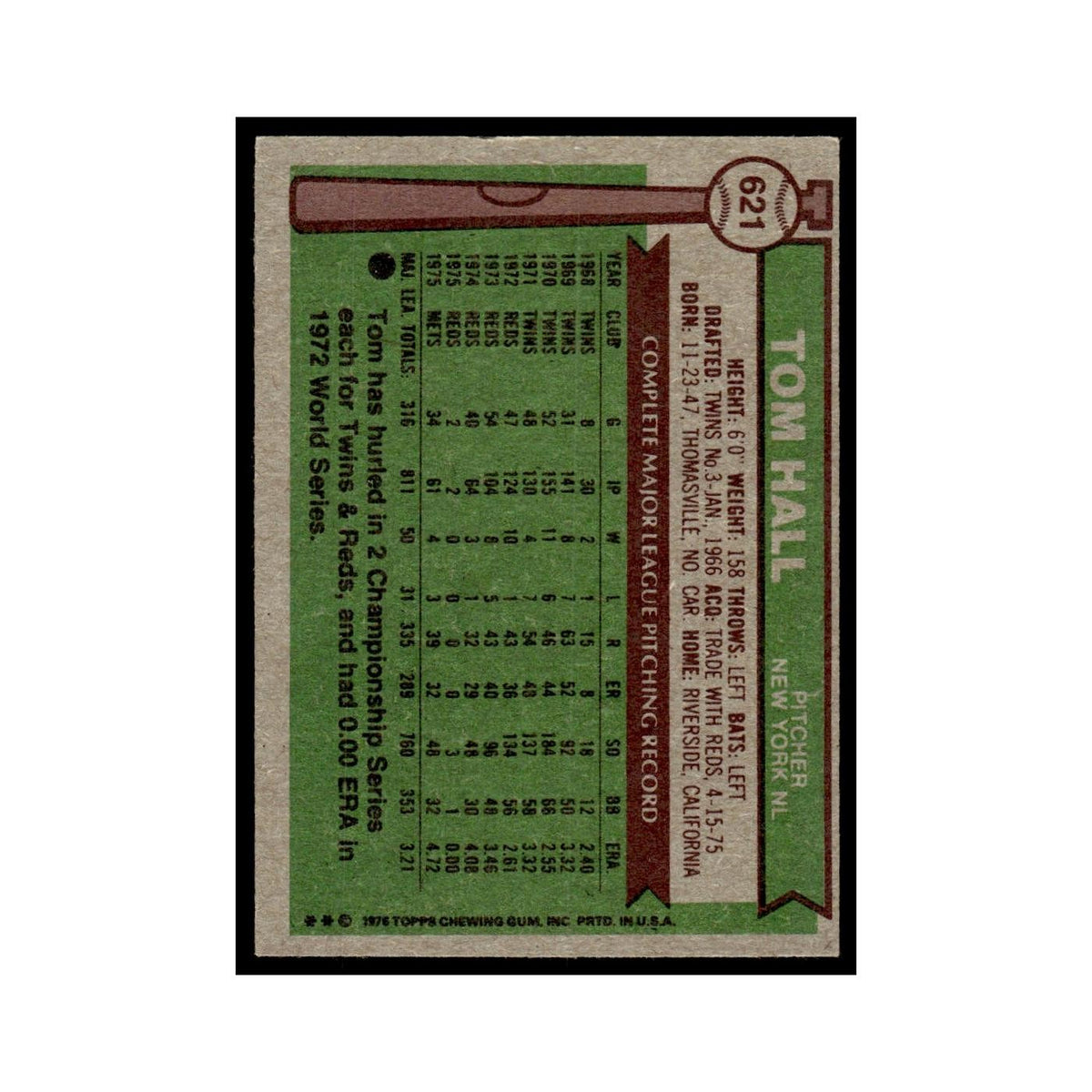 Tom Hall 1976 Topps #621 New York Mets Baseball Card EX