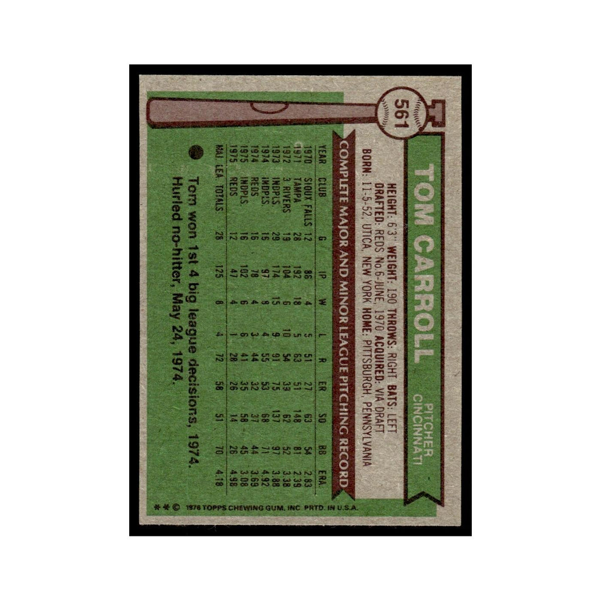 Tom Carroll 1976 Topps #561 Cincinnati Reds Baseball Card EX