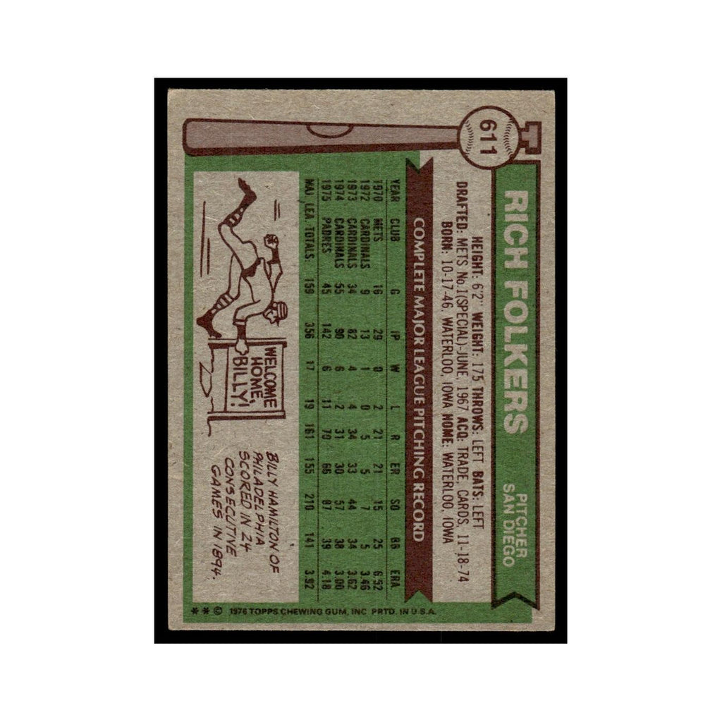 Rich Folkers 1976 Topps #611 San Diego Padres Baseball Card EX