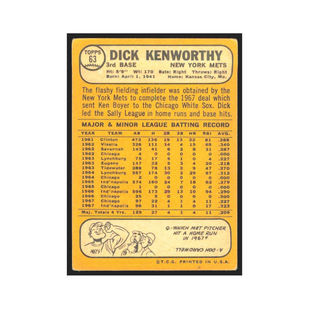 1968 Topps Dick Kenworthy Mets #63