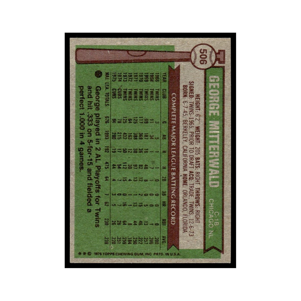 George Mitterwald 1976 Topps #506 Chicago Cubs Baseball Card EX