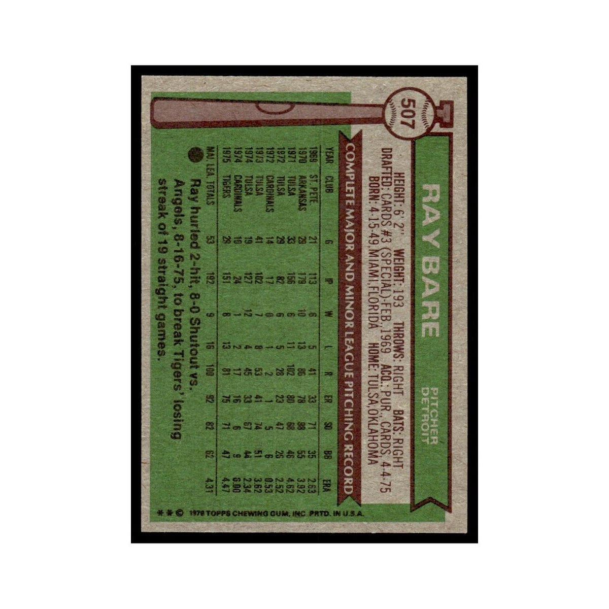 Ray Bare Rookie 1976 Topps #507 Detroit Tigers Baseball Card EX