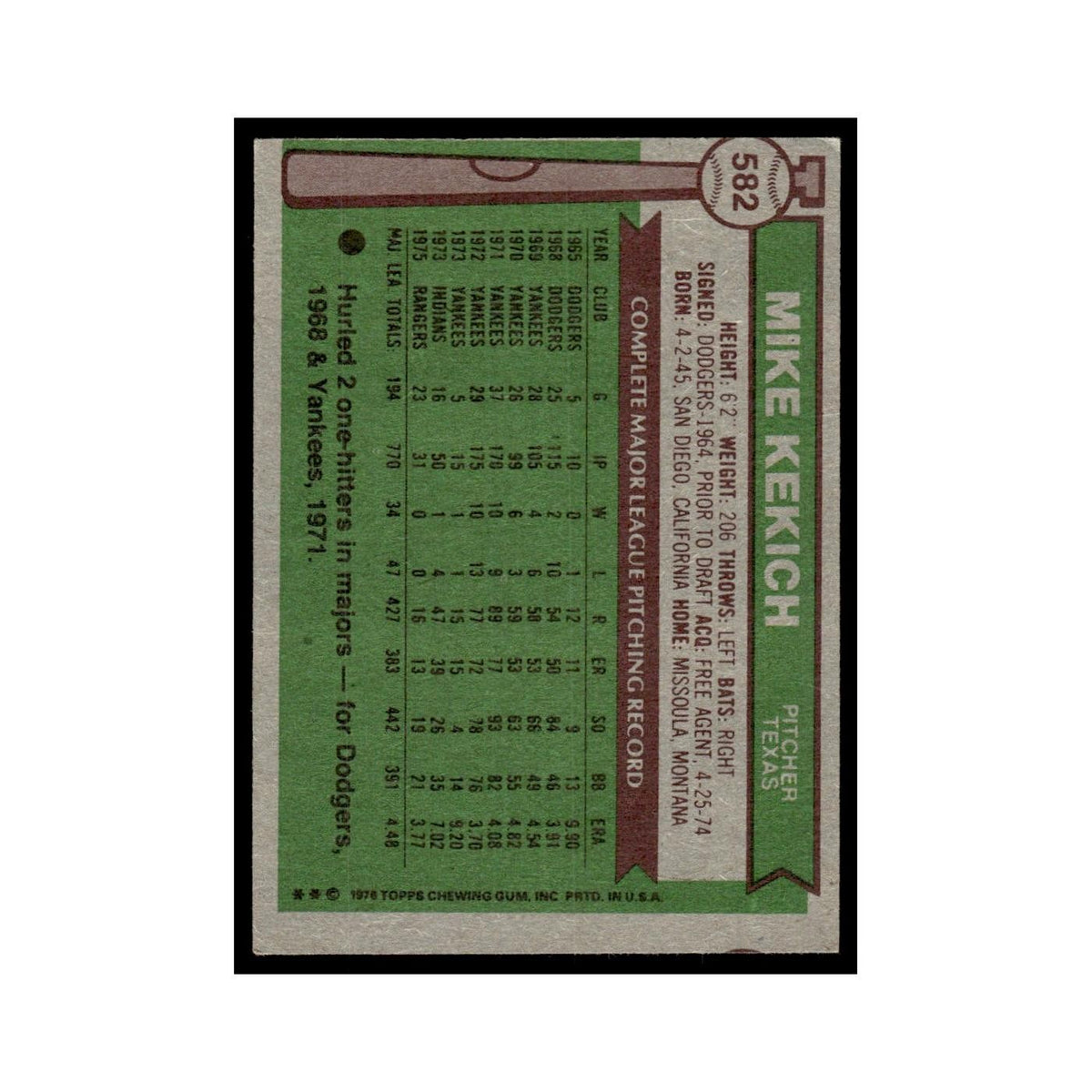 Mike Kekich 1976 Topps #582 Texas Rangers Baseball Card EX