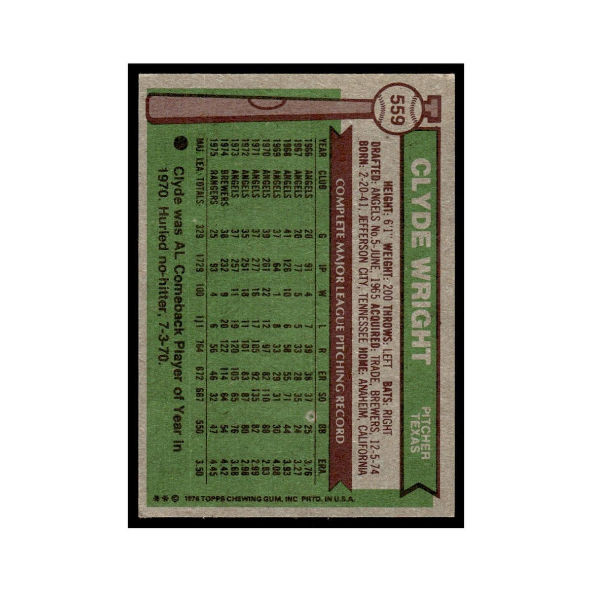 Clyde Wright 1976 Topps #559 Texas Rangers Baseball Card EX