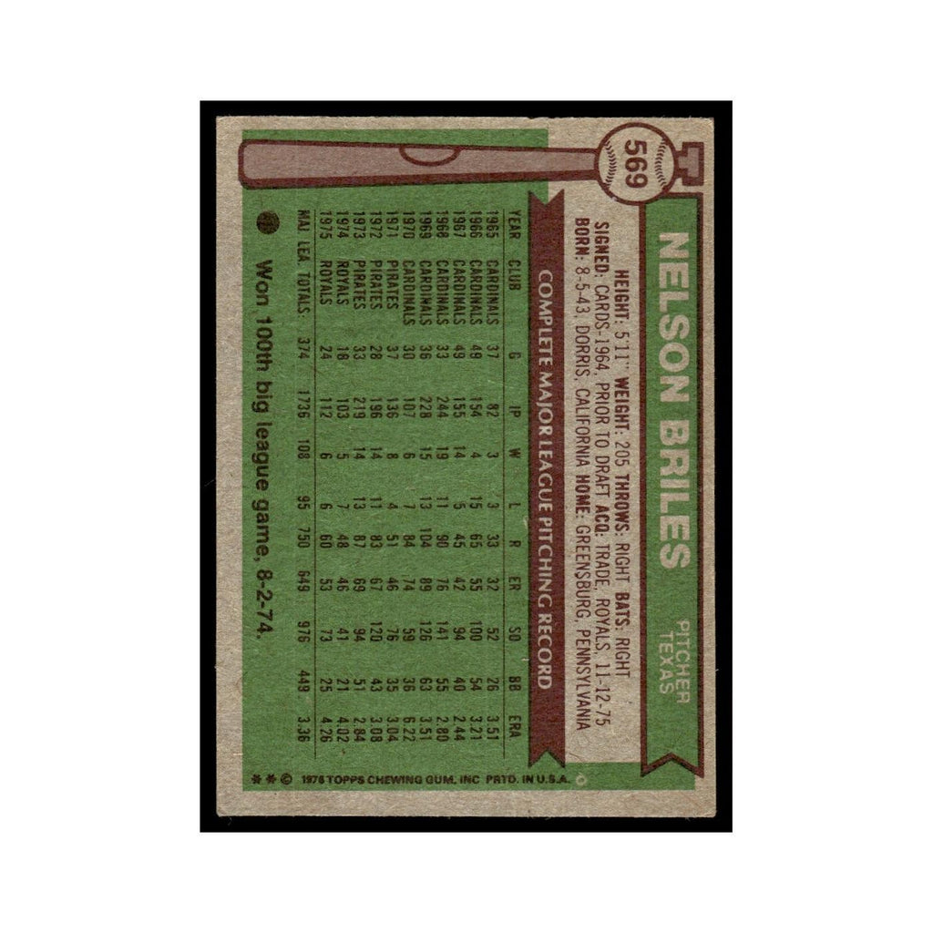 Nelson Briles 1976 Topps #569 Texas Rangers Baseball Card EX